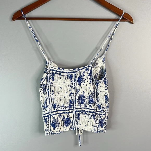 URBAN OUTFITTERS NWT Blue Floral Motif Cami Crop Top Smock Drawstring Tied M - Picture 8 of 12